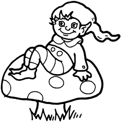 Little Elf On The Mushroom  Coloring Page